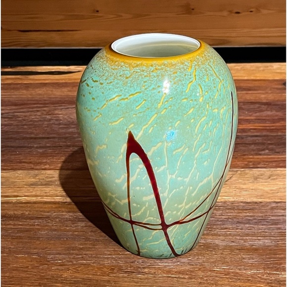 Hand Blown Studio Art Cased Glass 9" VASE Applied Overlay Green w/ Red Drizzle - Picture 3 of 10